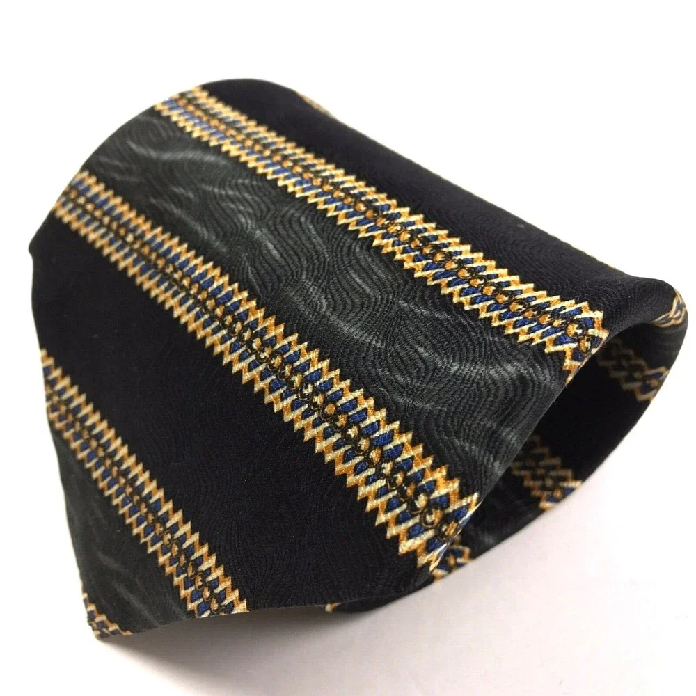 Metropolitan Museum Of Art Black Gray Blue Yellow Abstract Striped Silk Necktie